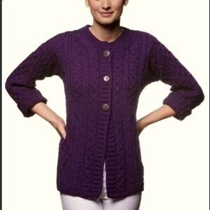 Kilronan Knitwear Purple Merino Wool Cable Knit Sweater Cardigan Fisherman Sz L